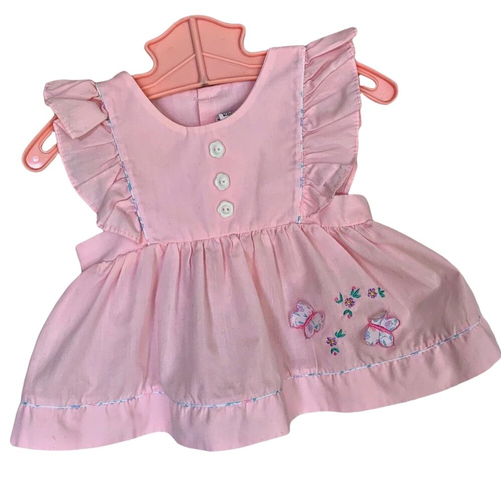 Vintage Pastel Butterfly Embroidered Flutter Sleeve Pinafore 6-9 Months